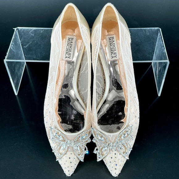 Badgley Mischka Size 9 Ivory Lace Pointed Ballet Flats Rhinestone Bow Kaitlin - Picture 4 of 12